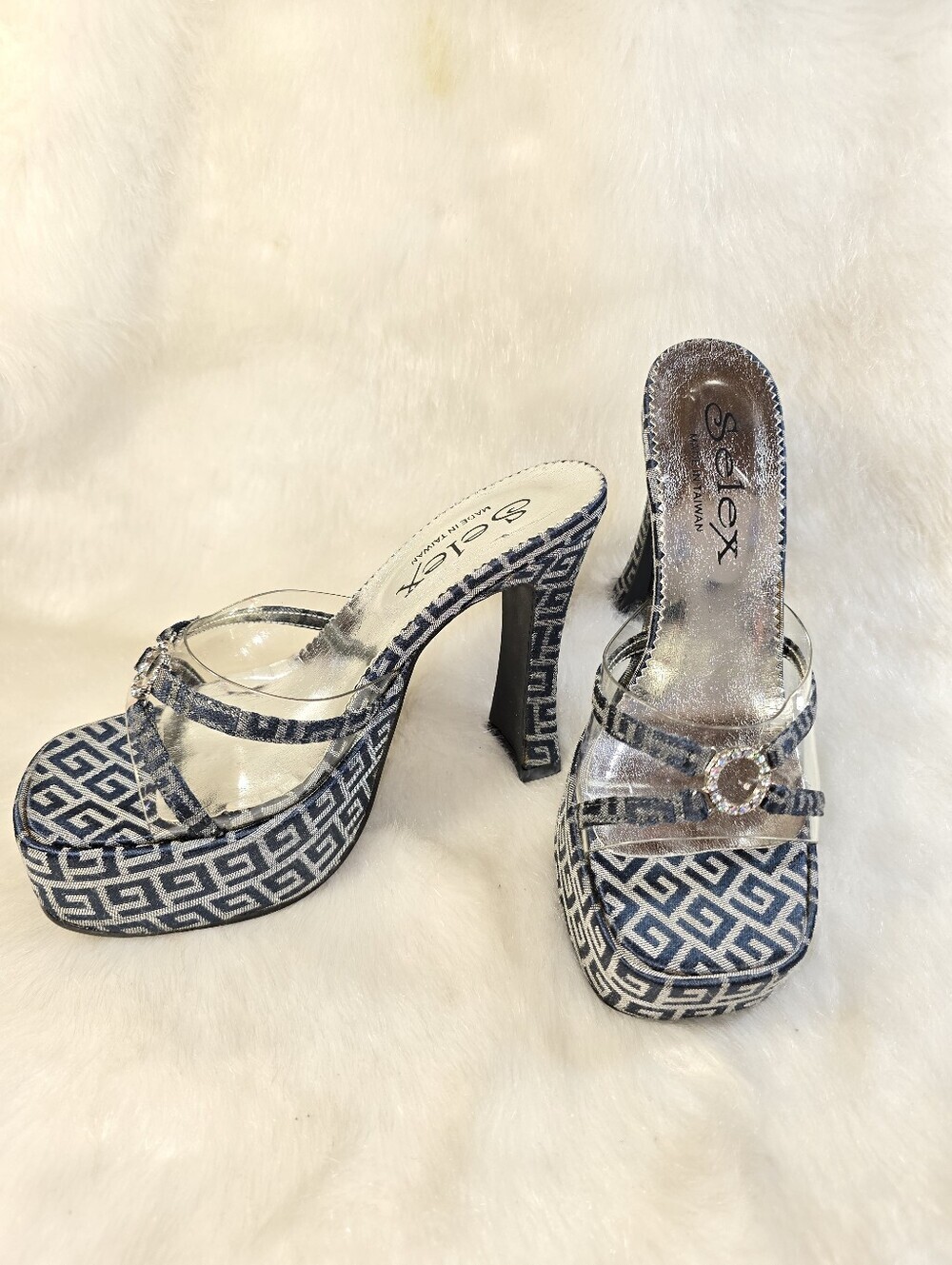 Selex Womens Navy & Siver Platform Mule Slide Sandals